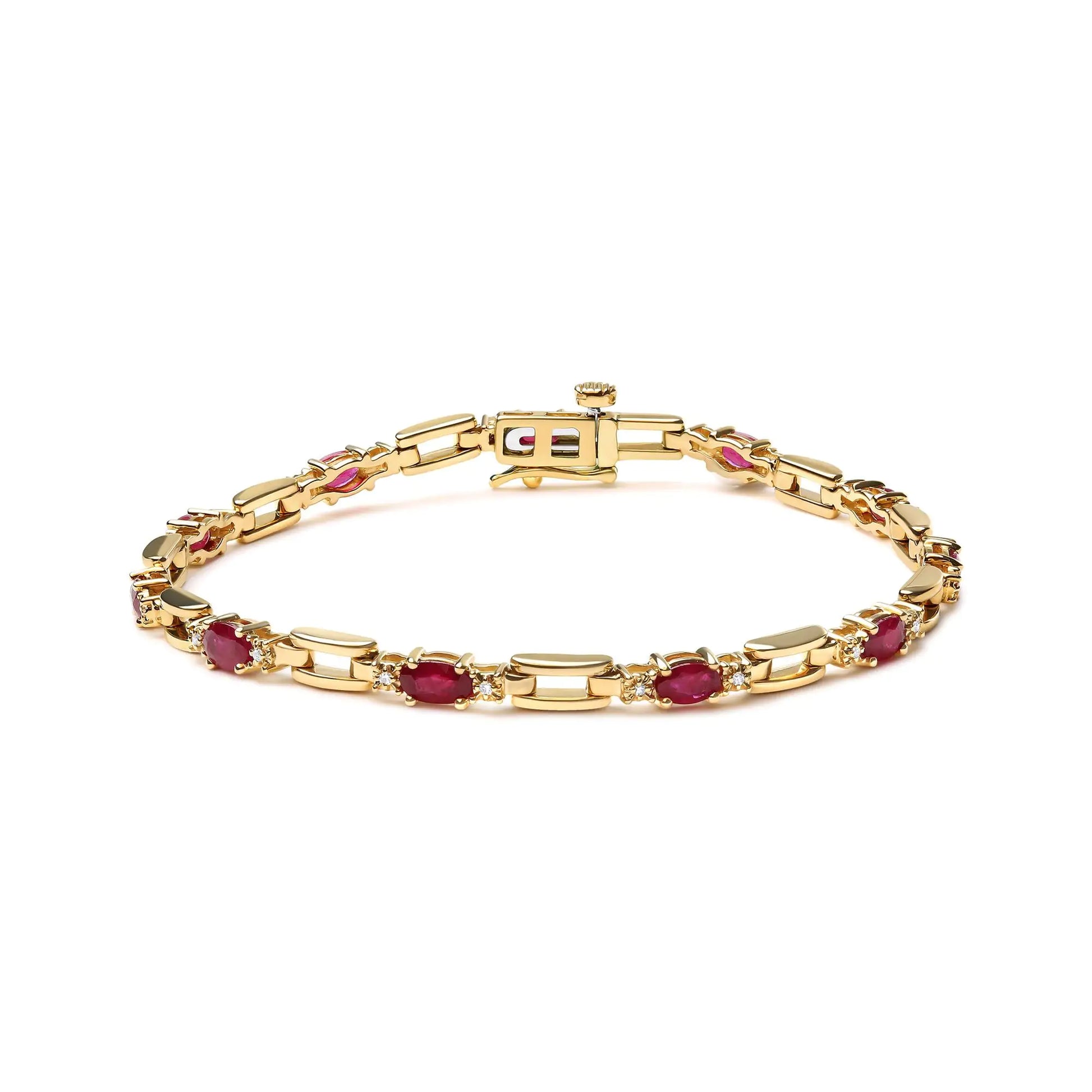 10K Yellow Gold Oval Ruby and 1/10 Cttw Diamond Bar Prong Set Bracelet (H-I Color, SI1-SI2 Clarity) - Size 7" by Anti Spier