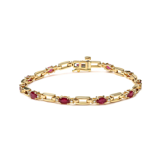 10K Yellow Gold Oval Ruby and 1/10 Cttw Diamond Bar Prong Set Bracelet (H-I Color, SI1-SI2 Clarity) - Size 7" by Anti Spier