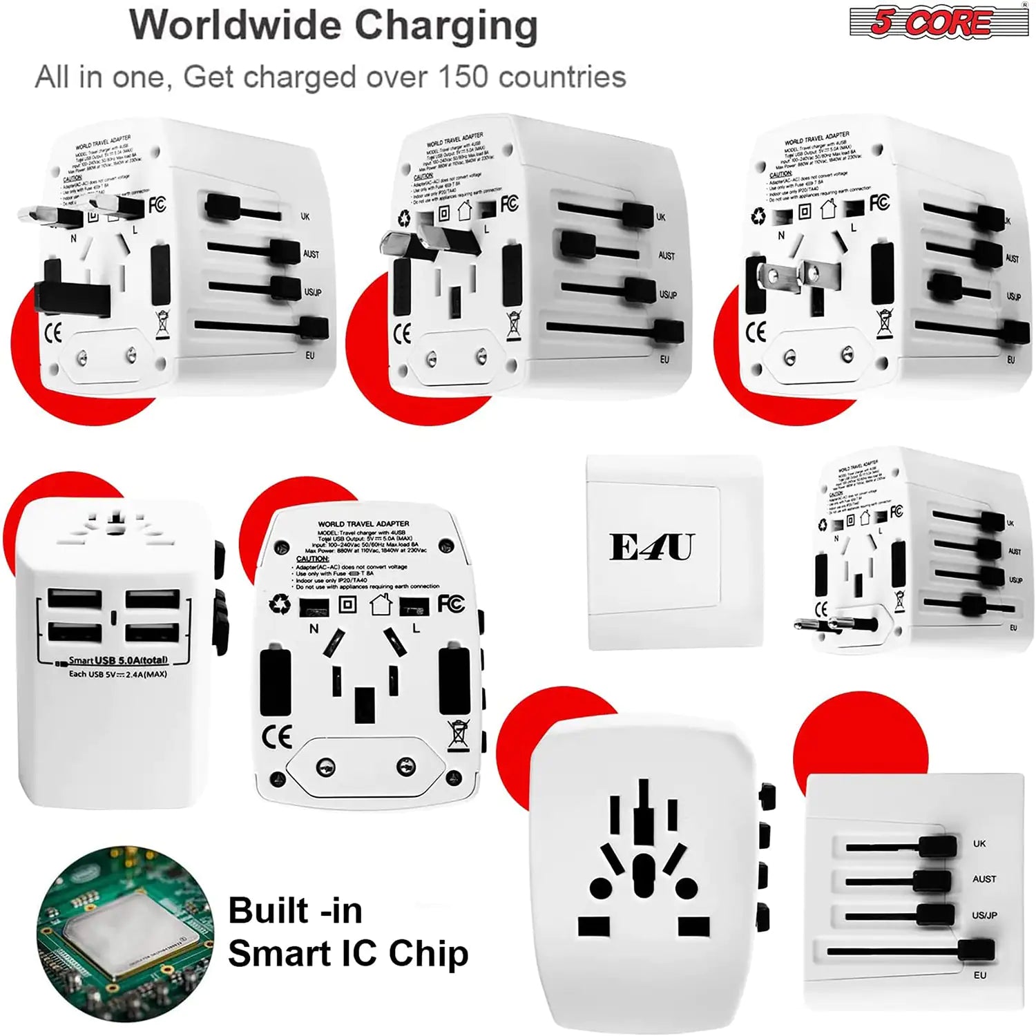 Universal Travel Adapter International Power Adapters 3 Pack Multicharger Plug w 4 USB Ports by Anti Spier