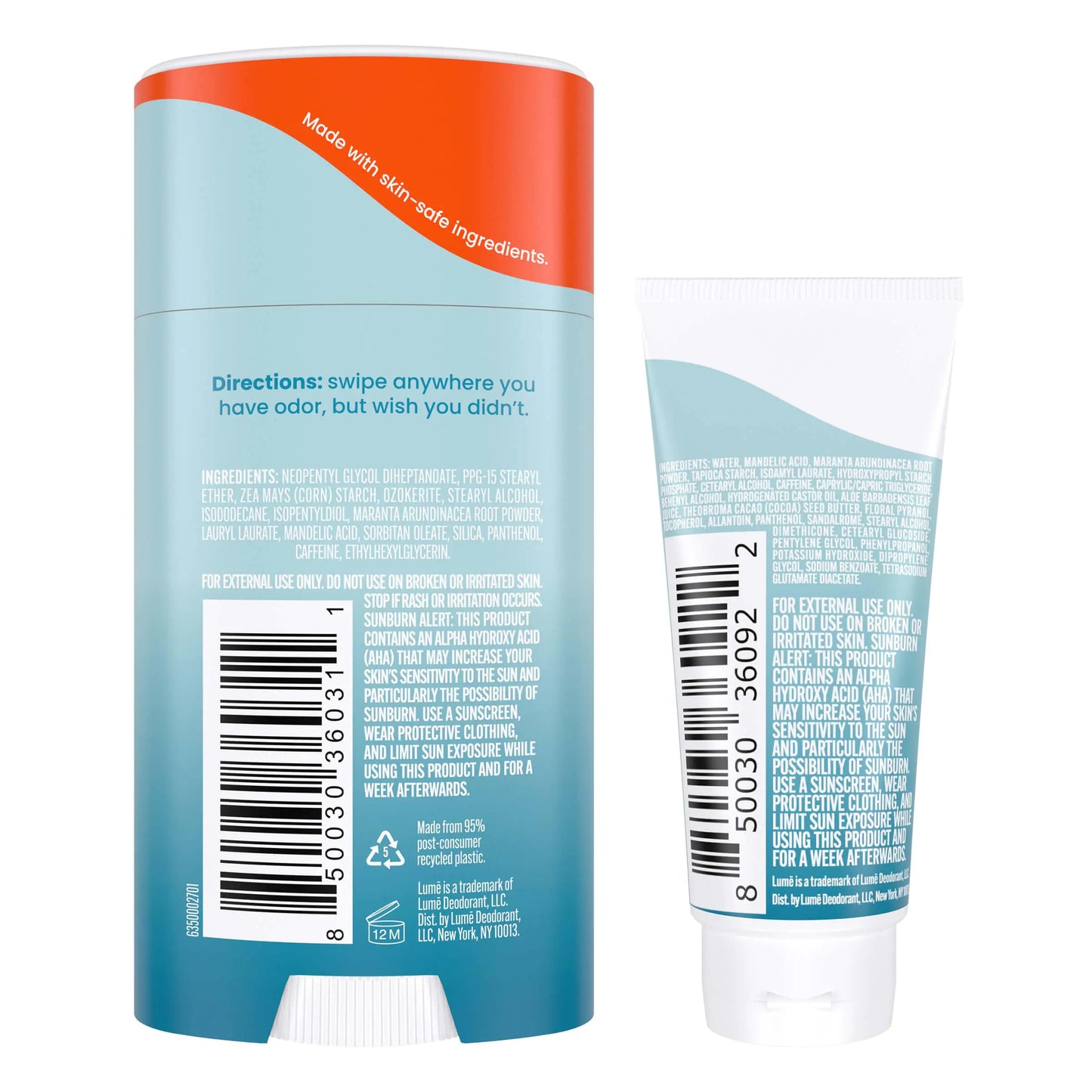 Lume Whole Body Deodorant - Invisible Cream Tube Mini and Solid Stick - 72 Hour Odor Control - Aluminum Free, Baking Soda Free, Skin Safe - 0.5 Oz Mini Tube + 2.6 Oz Solid Stick (Unscented) Unscented by Anti Spier