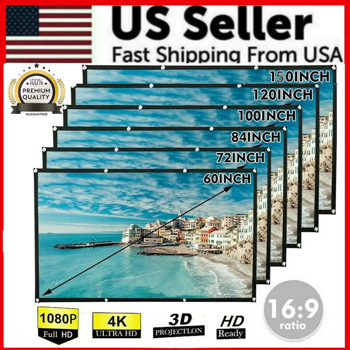 Portable Foldable Projector Screen 16:9 HD Outdoor Home Cinema Theater 3D Movie by Anti Spier