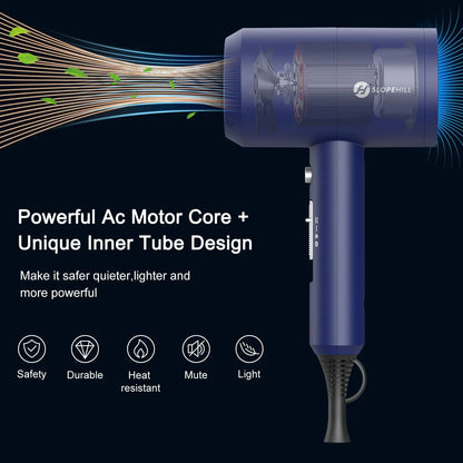 Slopehill Professional Ionic Hair Dryer, Powerful 1800W Fast Drying Low Noise Blow Dryer with 2 Concentrator Nozzle 1 Diffuser Attachments for Home Salon Travel (Prussian Blue) Prussian Blue by Anti Spier