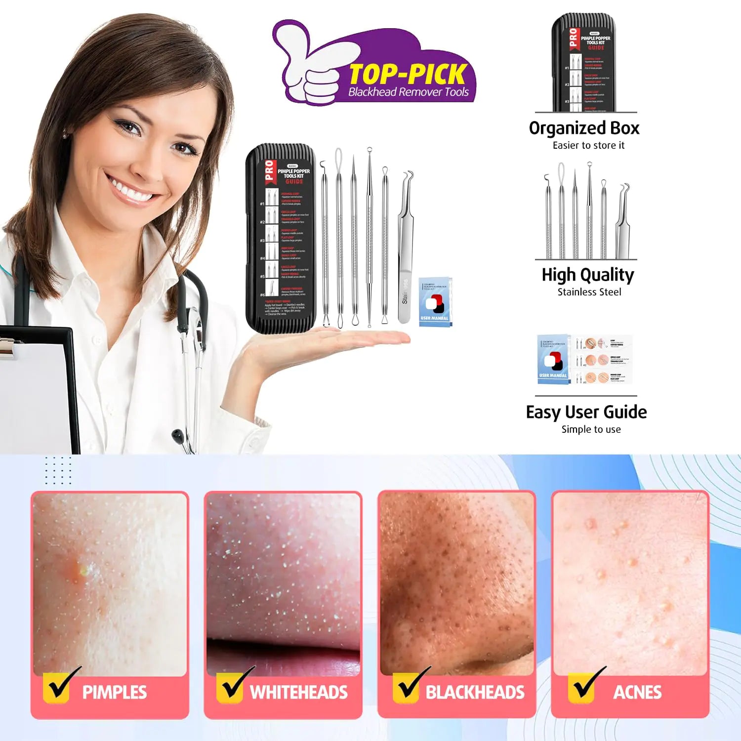 Cbiumpro Blackhead Remover Tools, Pimple Popper Tool Kit, Blackhead Extractor Tool, Zit Popper Tool, Professional Pimple Extractor Tool for Blackhead, Acne, Whitehead, Comedone on Nose - with Case Pimple Popper Tools 6 Pack - Cool Black by Anti Spier