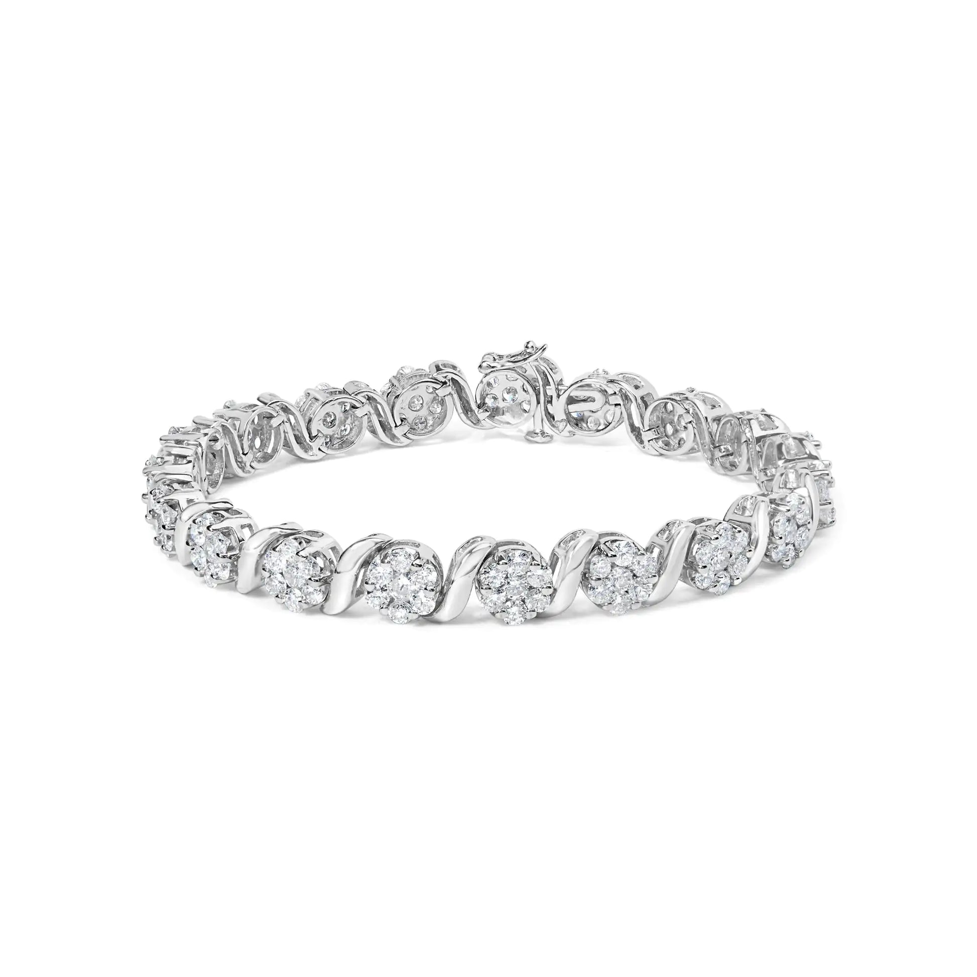 14K White Gold 7 3/8 Cttw Round Brilliant Diamond Floral Cluster and S Link Bracelet (H-I Color, SI2-I1 Clarity) - 7" Inches by Anti Spier
