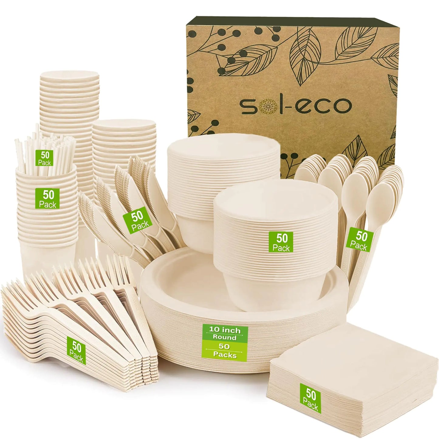 SOL ECO Compostable Paper Plates 400 PCS Heavy-Duty Compostable Plates Party Paper Plates & bowls (10 inch & 20 oz) Forks Knives Spoons Cups & Napkins for Party 50 Guest by Anti Spier