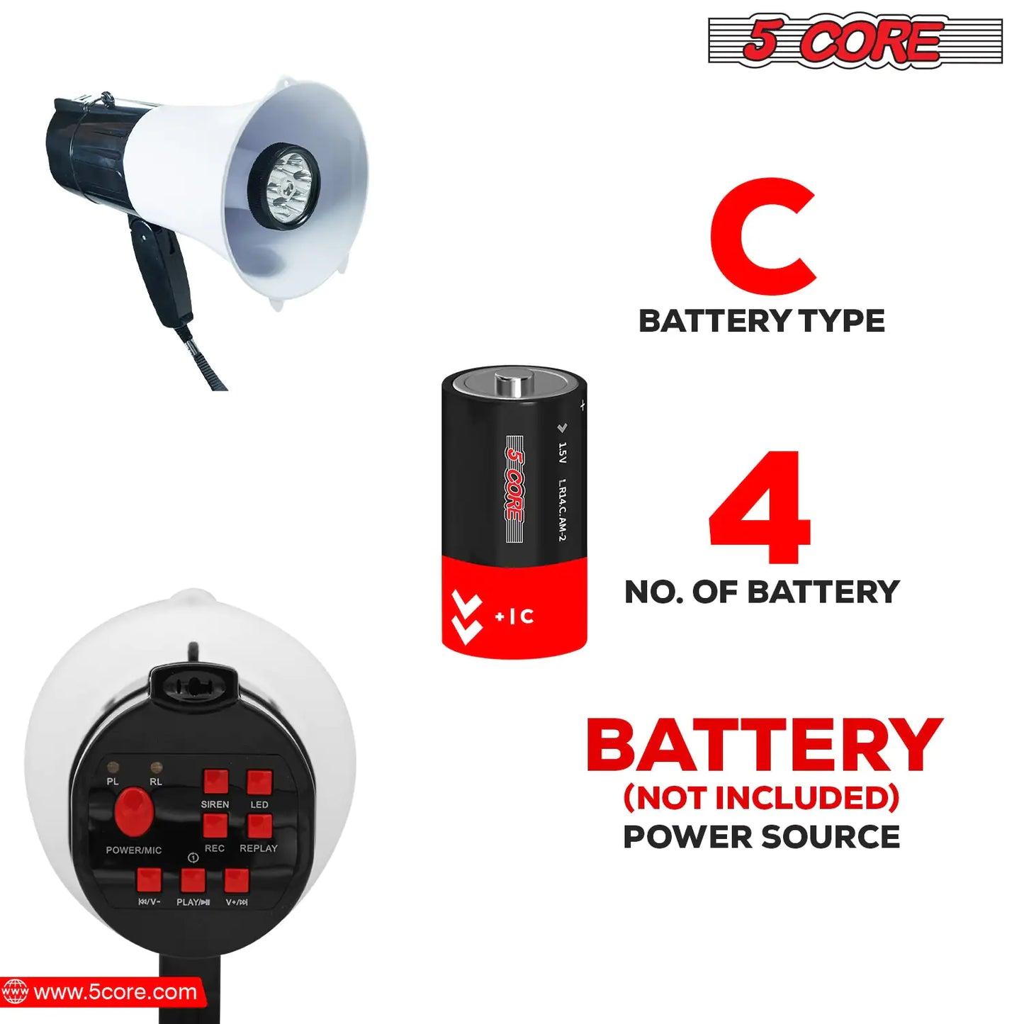 5Core Megaphone Bullhorn Speaker 30W LED Bull Horn Battery Power Cheer Megafono 800 Yard by Anti Spier