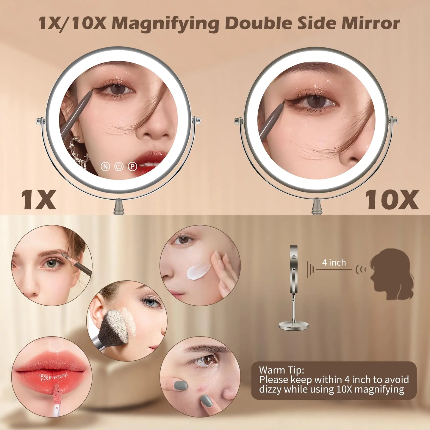9" Large Makeup Mirror with Lights, 1X/10X Magnifying Vanity Mirror with 3 Colors Dimmable Lightning, 80 LED Lights, 360°Rotation Double Sided Standing Lighted Makeup Mirror Nickel Matte Nickel by Anti Spier