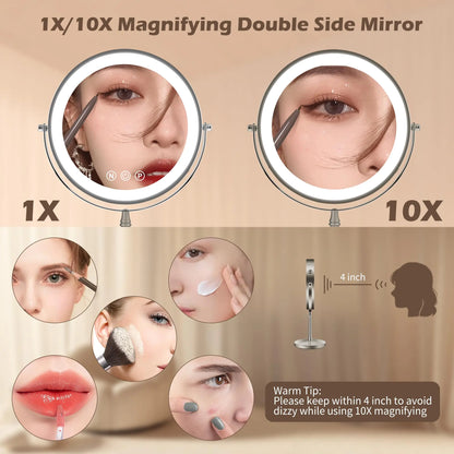 9" Large Makeup Mirror with Lights, 1X/10X Magnifying Vanity Mirror with 3 Colors Dimmable Lightning, 80 LED Lights, 360°Rotation Double Sided Standing Lighted Makeup Mirror Nickel Matte Nickel by Anti Spier