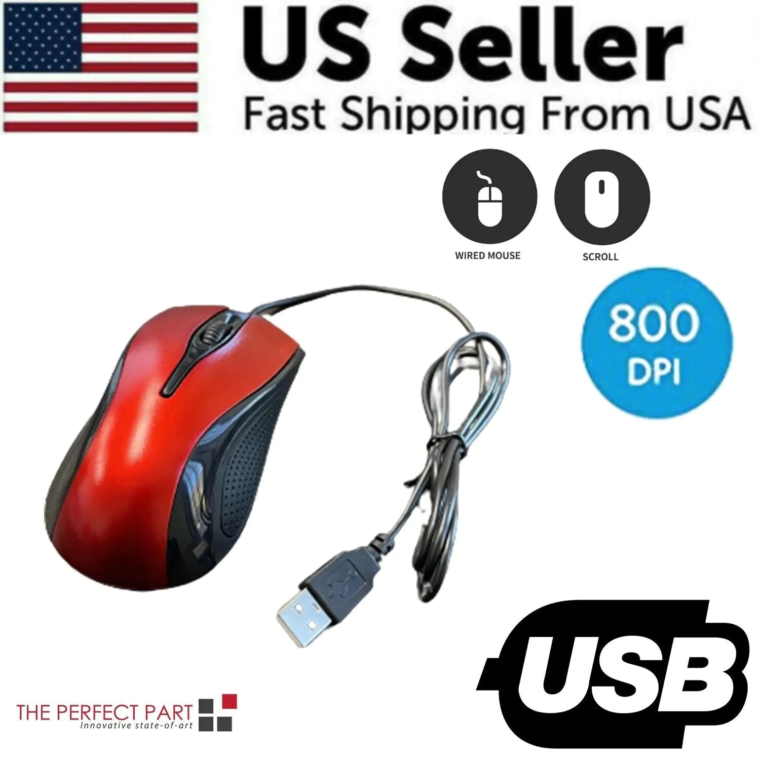 USB 2.0 Optical Wired Scroll Wheel Mouse For PC Laptop Notebook Desktop Red Mice by Anti Spier