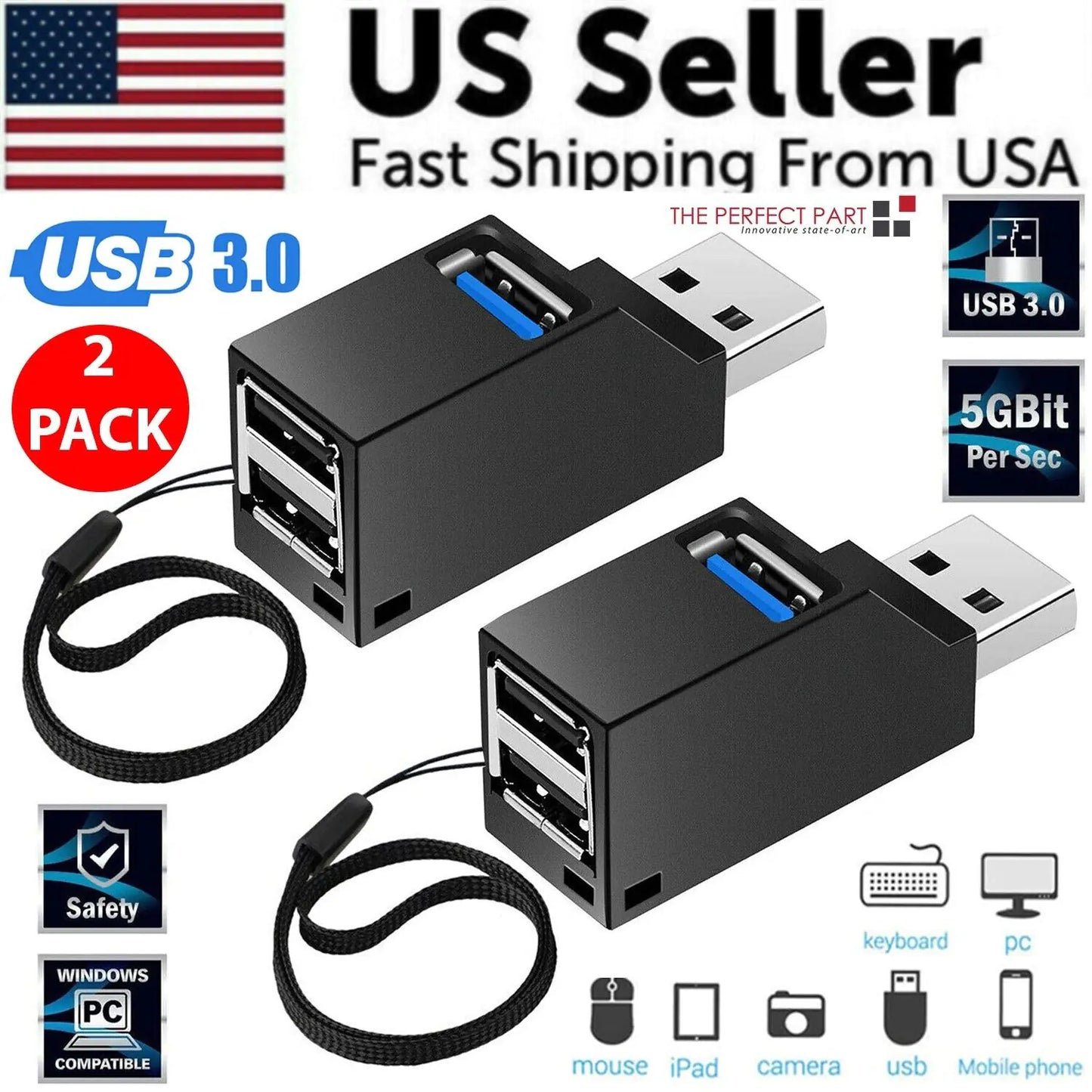 2 Pcs 3 Port USB 3.0 Hub Portable High Speed Splitter Box For PC Notebook Laptop by Anti Spier