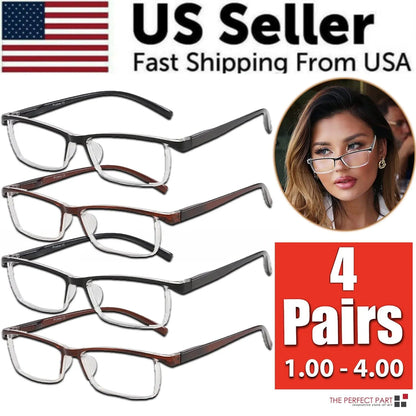 4 Pack Reading Glasses Readers Men Women Square Frame Spring Hinge Unisex Pairs by Anti Spier