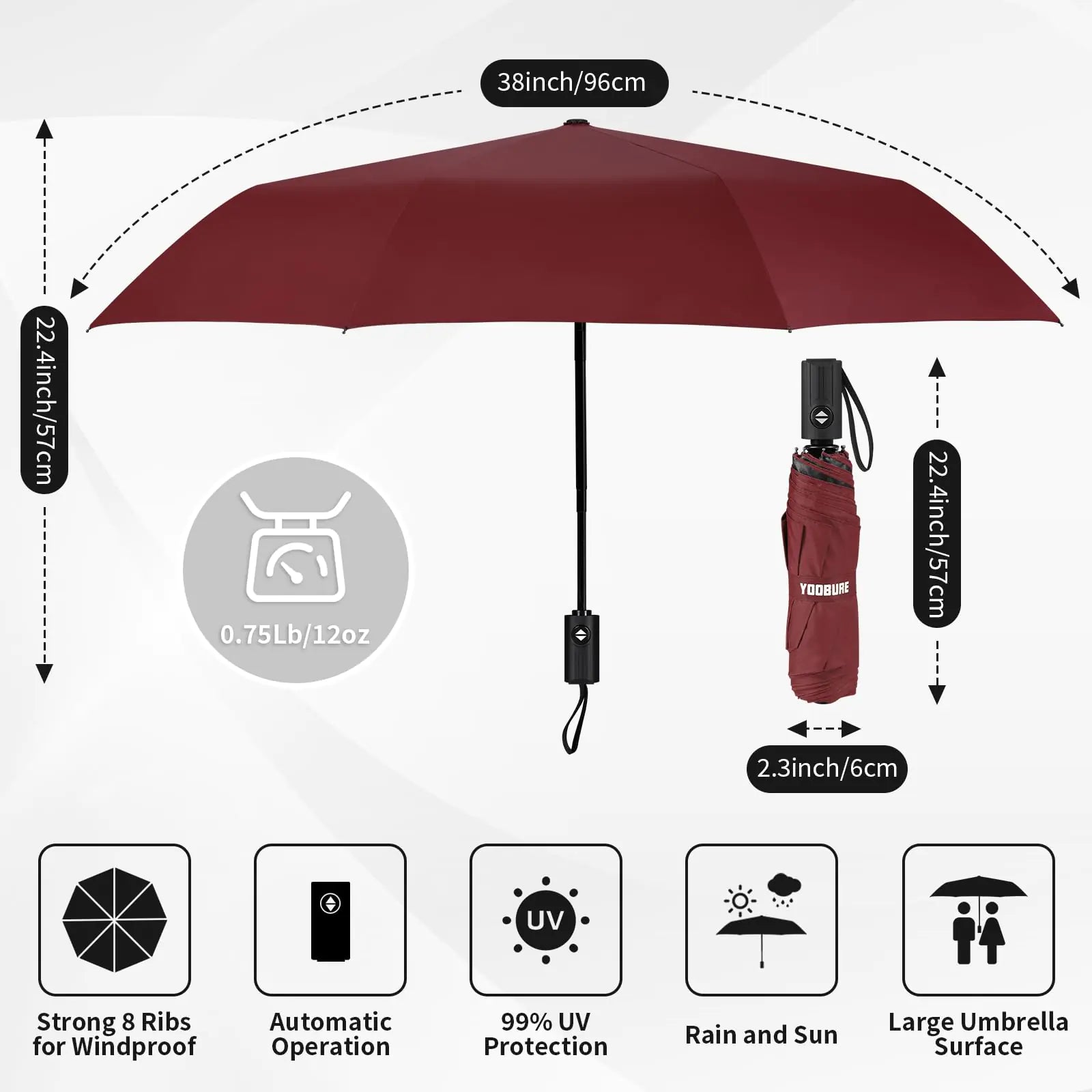 Yoobure Windproof Travel Umbrella, Automatic Umbrellas for Rain, Portable & Compact Umbrella for Backpack, Sun Umbrella for Walking, Folding Small Umbrella for Car, Lightweight Strong UV Protection Auto-Burgundy Red by Anti Spier