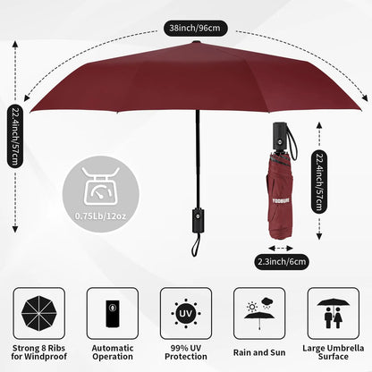 Yoobure Windproof Travel Umbrella, Automatic Umbrellas for Rain, Portable & Compact Umbrella for Backpack, Sun Umbrella for Walking, Folding Small Umbrella for Car, Lightweight Strong UV Protection Auto-Burgundy Red by Anti Spier