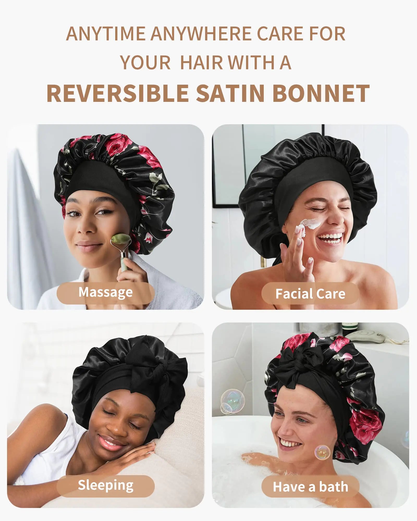 Satin Bonnet for Women Silk Bonnets for Sleeping Curly Hair Bonnet with Tie Band Double Layer Sleep Cap Hair Wrap 7-7 3/8 Black + Red Flower by Anti Spier