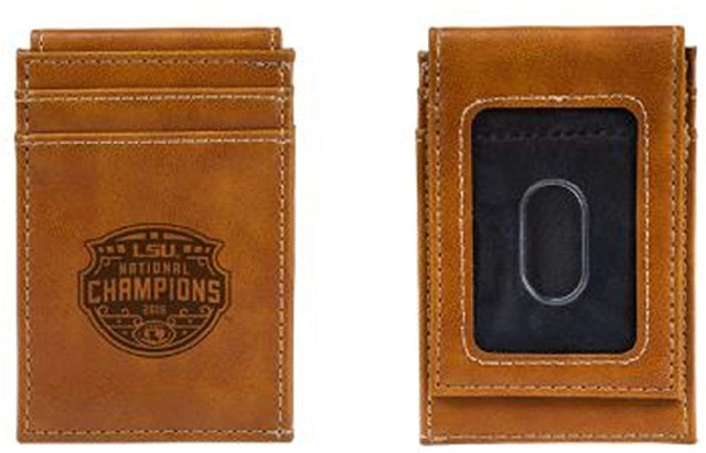 Louisiana State University Tigers LSU 2019 Champions Premium Brown Leather Wallet, Front Pocket Magnetic Money Clip, Laser Engraved by Fielders Choice