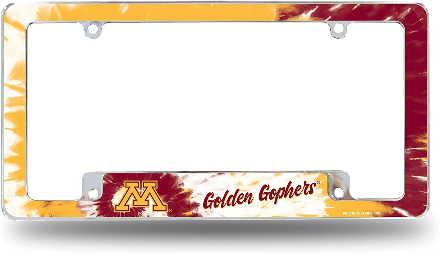 University of Minnesota Golden Gophers Metal License Plate Frame Chrome Tag Cover Tie Dye Design 6x12 Inch by Fielders Choice