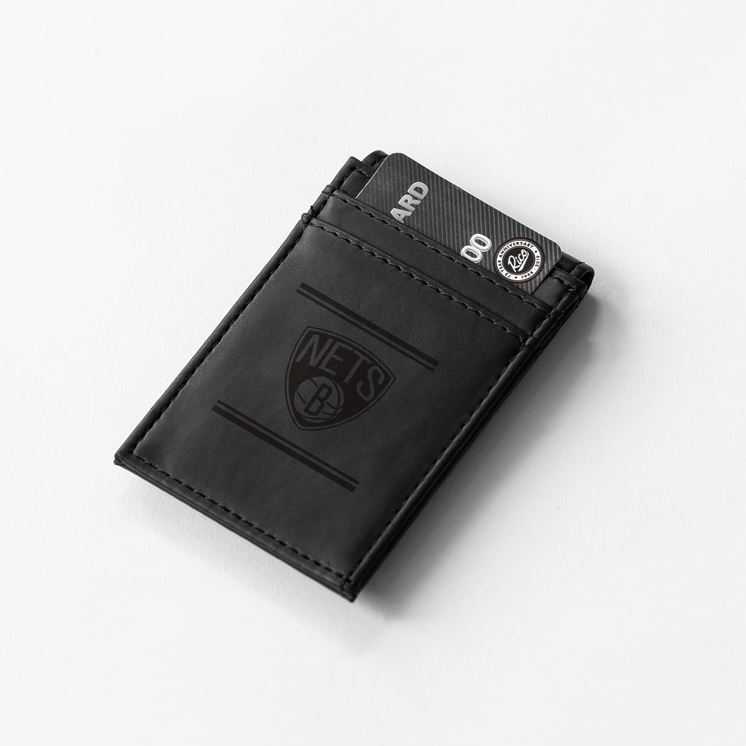 Brooklyn Nets Premium Black Leather Wallet, Front Pocket Magnetic Money Clip, Laser Engraved, Vegan by Fielders Choice
