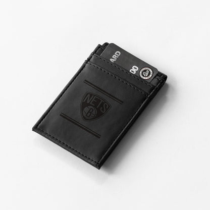 Brooklyn Nets Premium Black Leather Wallet, Front Pocket Magnetic Money Clip, Laser Engraved, Vegan by Fielders Choice