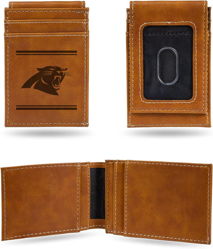 Rico Industries NFL Carolina Panthers Premium Laser Engraved Vegan Brown Leather Front Pocket Wallet - Compact and Slim yet Sturdy Design - Perfect to Show Your Team Pride or Gift by Fielders Choice