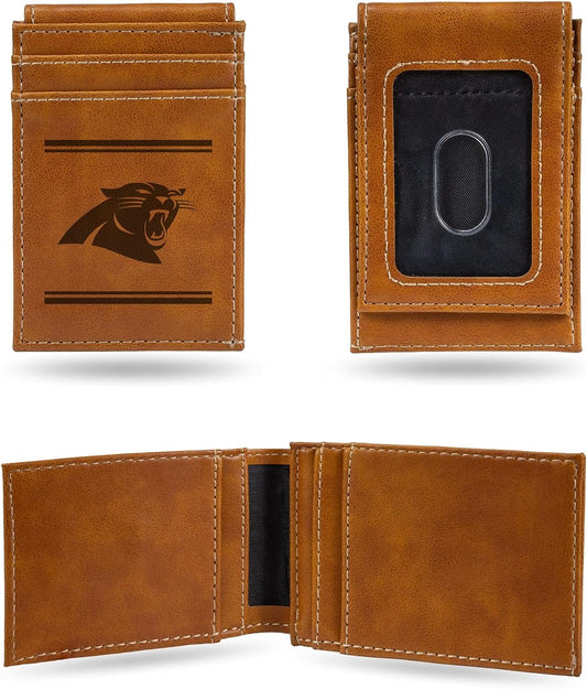 Rico Industries NFL Carolina Panthers Premium Laser Engraved Vegan Brown Leather Front Pocket Wallet - Compact and Slim yet Sturdy Design - Perfect to Show Your Team Pride or Gift by Fielders Choice
