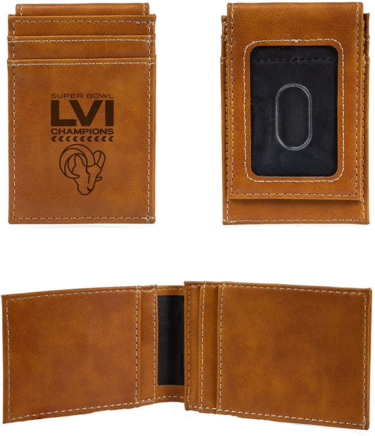 Los Angeles Rams Super Bowl LVI Champions Brown Leather Wallet, Front Pocket Magnetic Money Clip, Laser Engraved by Fielders Choice