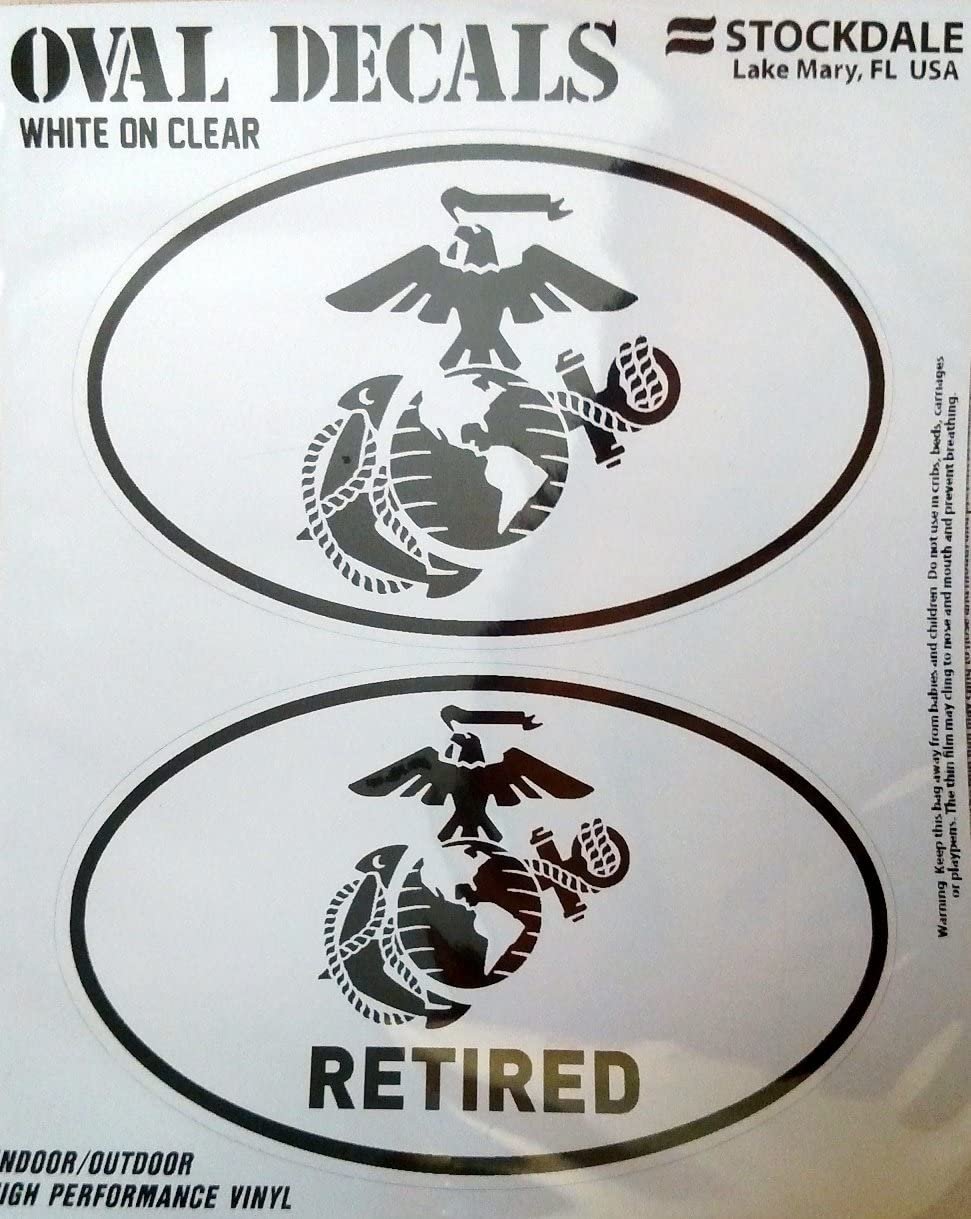 U.S. Marines, Retired, 2-Piece White and Clear Euro Decal Sticker Set, 4x2.5 Inch Each, United States Military by Fielders Choice