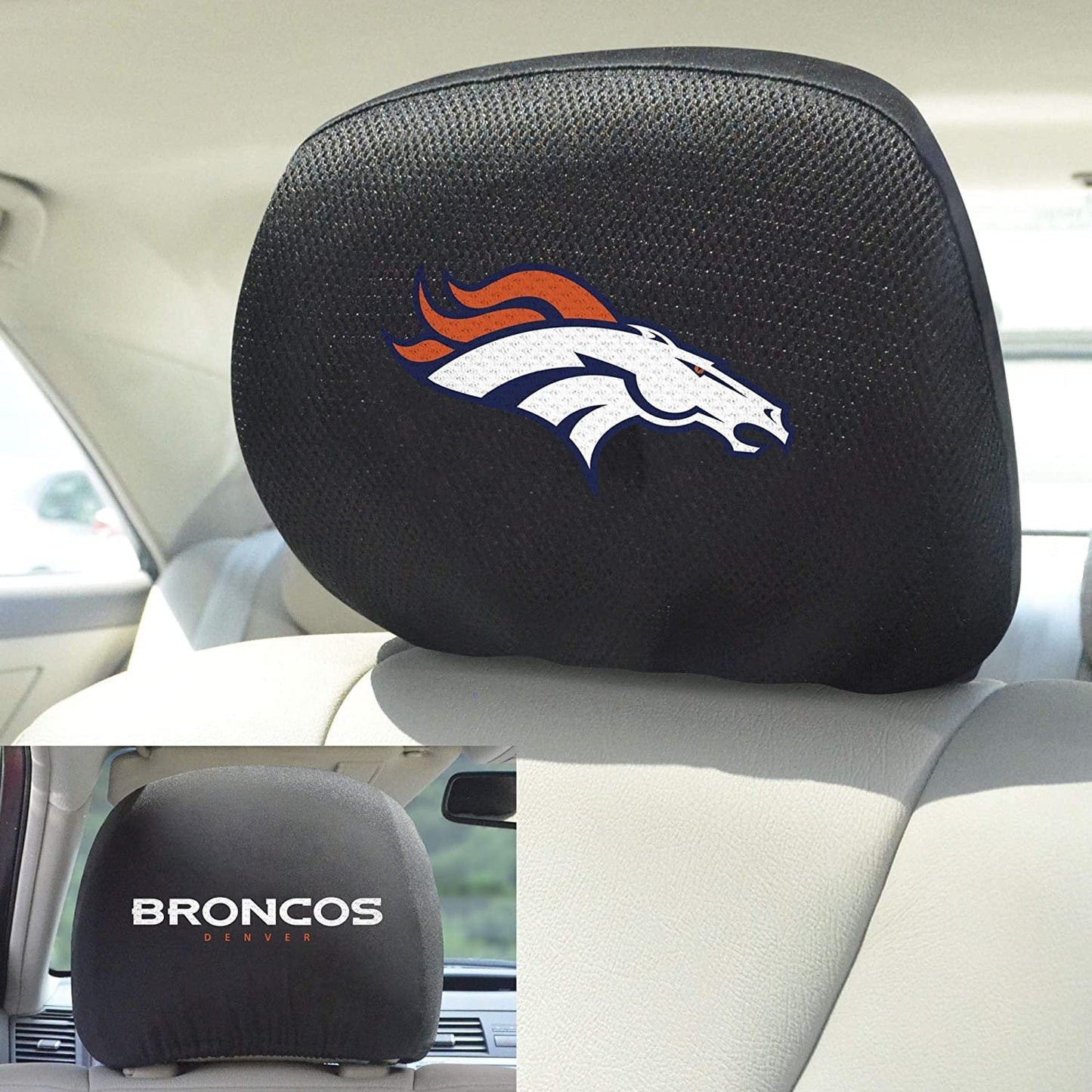 Denver Broncos Pair of Premium Auto Head Rest Covers, Embroidered, Black Elastic, 14x10 Inch by Fielders Choice