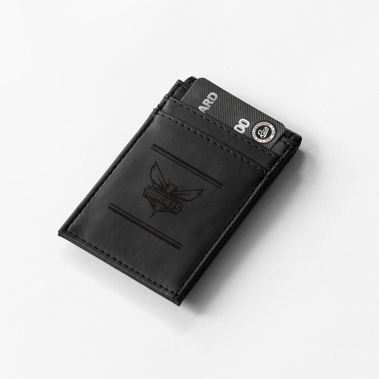 Charlotte Hornets Premium Black Leather Wallet, Front Pocket Magnetic Money Clip, Laser Engraved, Vegan by Fielders Choice