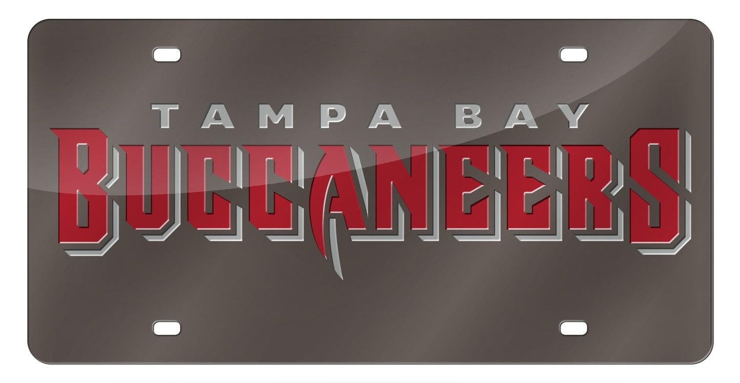 Tampa Bay Buccaneers Premium Laser Cut Tag License Plate, Pewter Mirrored Acrylic Inlaid, 12x6 Inch by Fielders Choice