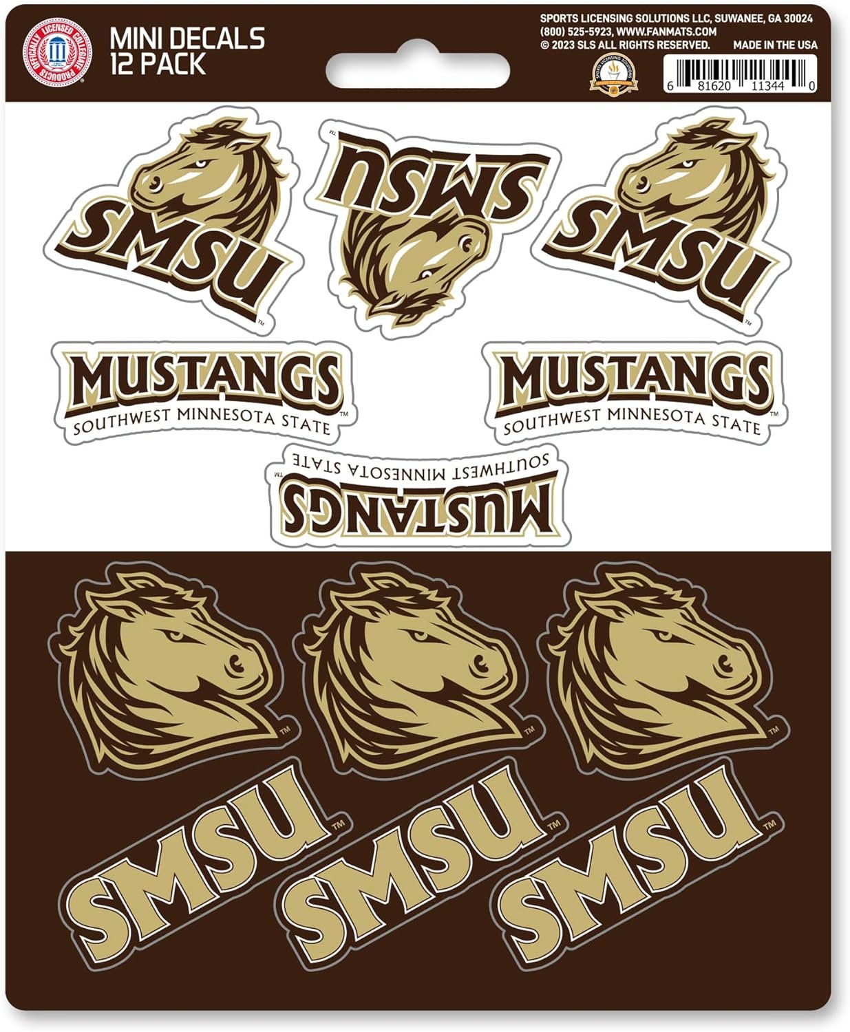Southwest Minnesota State University Mustangs 12-Piece Mini Decal Sticker Set, 5x6 Inch Sheet, Gift for football fans for any hard surfaces around home, automotive, personal items by Fielders Choice
