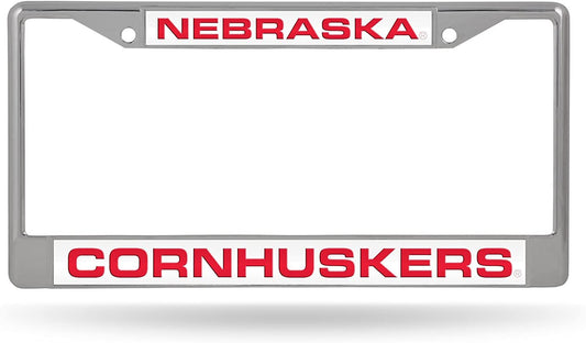 University of Nebraska Cornhuskers Chrome Metal License Plate Frame Tag Cover, Laser Acrylic Mirrored Inserts, 12x6 Inch by Fielders Choice