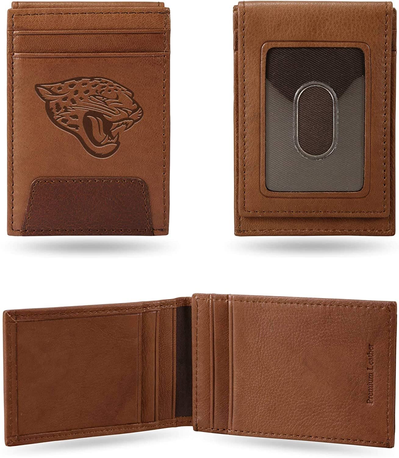 Jacksonville Jaguars Premium Brown Leather Wallet, Front Pocket Magnetic Money Clip, Laser Engraved by Fielders Choice