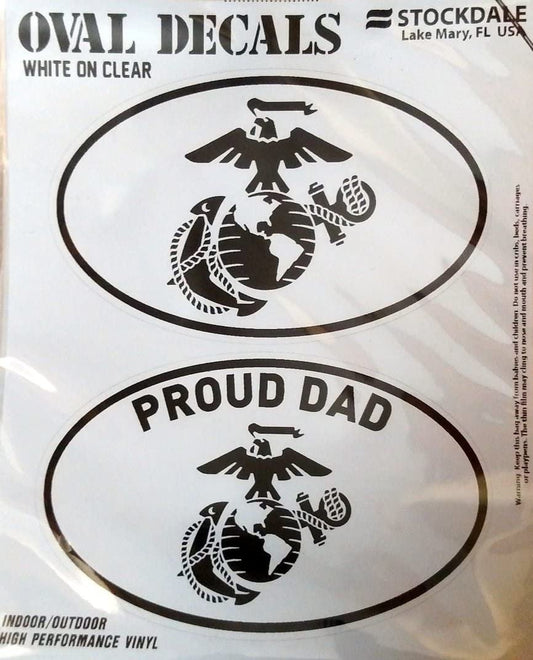 U.S. Marines, Proud Dad, 2-Piece White and Clear Euro Decal Sticker Set, 4x2.5 Inch Each, United States Military by Fielders Choice
