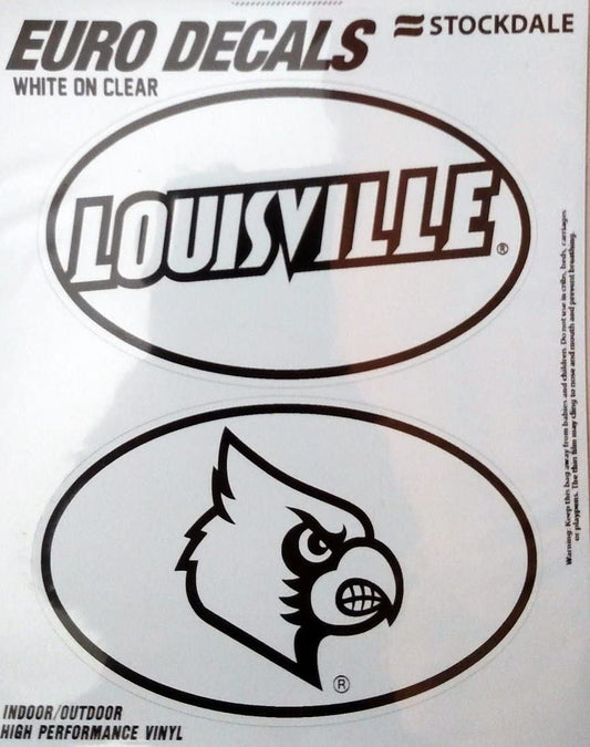 University of Louisville Cardinals 2-Piece White and Clear Euro Decal Sticker Set, 4x2.5 Inch Each by Fielders Choice