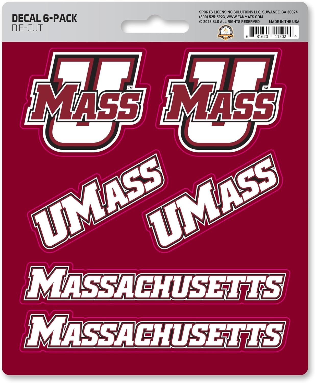 University of Massachusettes Umass Minutemen 6-Piece Decal Sticker Set, 5x6 Inch Sheet, Gift for football fans for any hard surfaces around home, automotive, personal items by Fielders Choice
