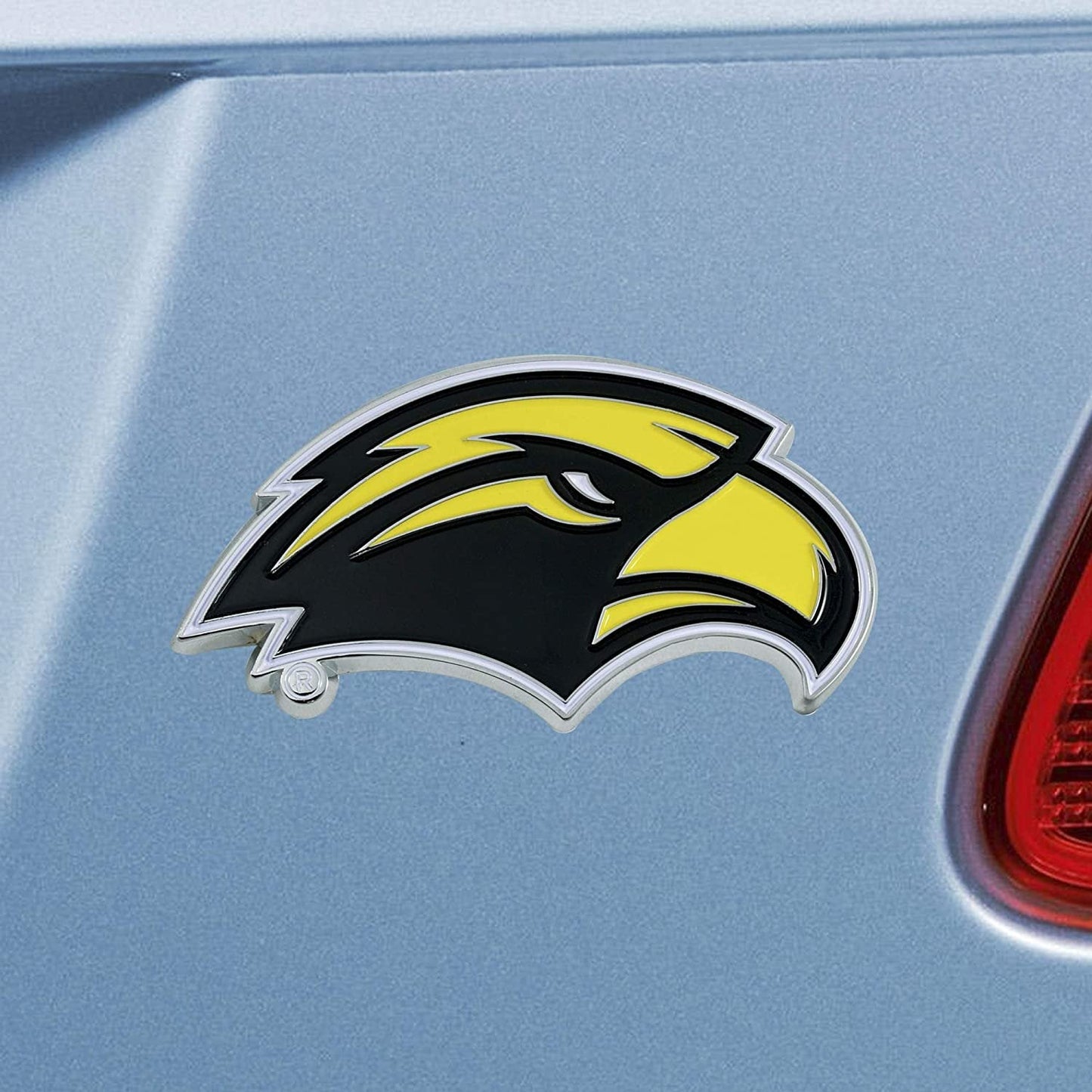 University of Southern Mississippi Eagles Premium Solid Metal Raised Auto Emblem, Team Color, Shape Cut, Adhesive Backing by Fielders Choice
