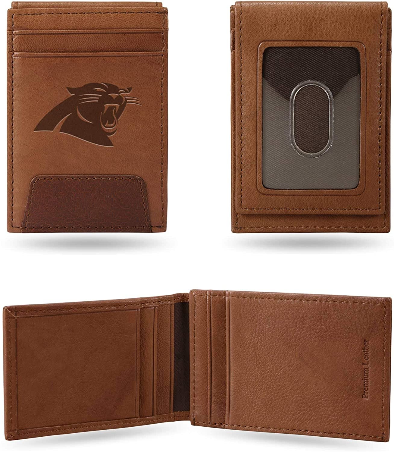 Carolina Panthers Premium Brown Leather Wallet, Front Pocket Magnetic Money Clip, Laser Engraved by Fielders Choice