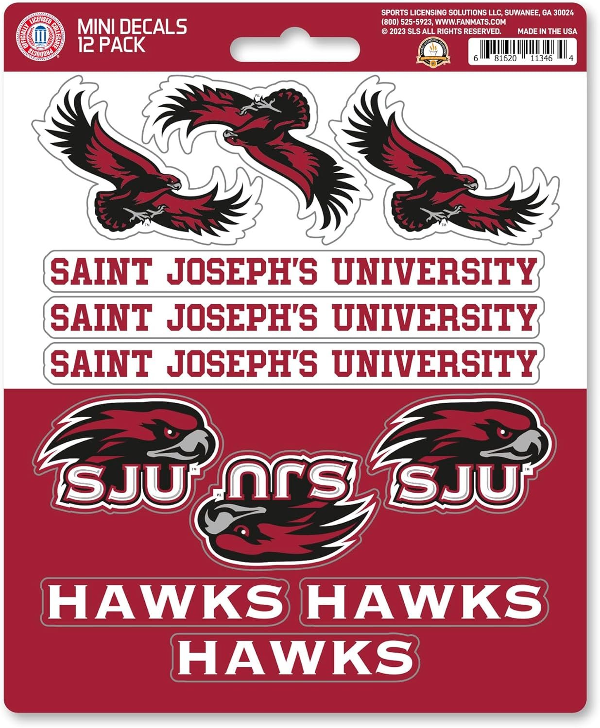 St Joseph University Hawks 12-Piece Mini Decal Sticker Set, 5x6 Inch Sheet, Gift for football fans for any hard surfaces around home, automotive, personal items by Fielders Choice