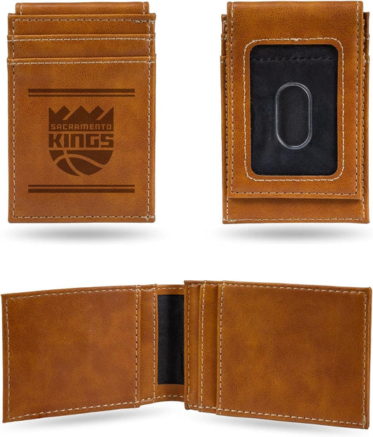 Rico Industries NBA Sacramento Kings Premium Laser Engraved Vegan Brown Leather Front Pocket Wallet - Compact and Slim Yet Sturdy Design - Perfect to Show Your Team Pride or Gift by Fielders Choice