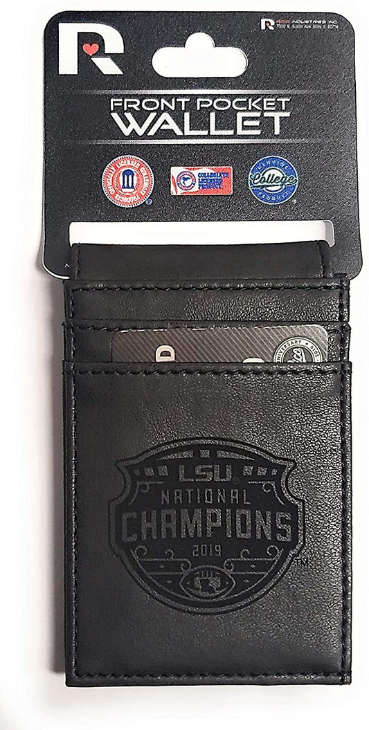 Louisiana State University LSU Tigers 2019 Champions Black Leather Wallet, Front Pocket Magnetic Money Clip, Printed Logo by Fielders Choice