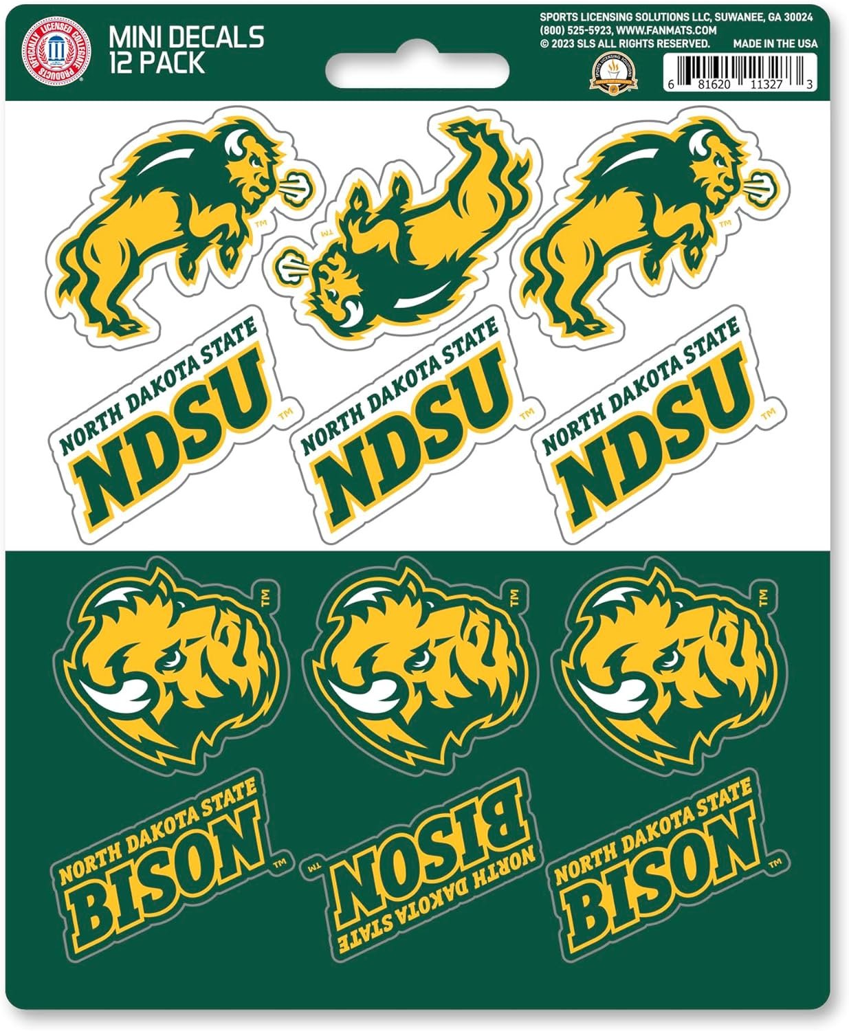 North Dakota State University Bison 12-Piece Mini Decal Sticker Set, 5x6 Inch Sheet, Gift for football fans for any hard surfaces around home, automotive, personal items by Fielders Choice