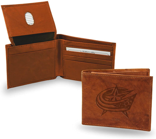 Columbus Blue Jackets Premium Brown Leather Wallet, Bifold Billfold, Embossed Laser Engraved by Fielders Choice
