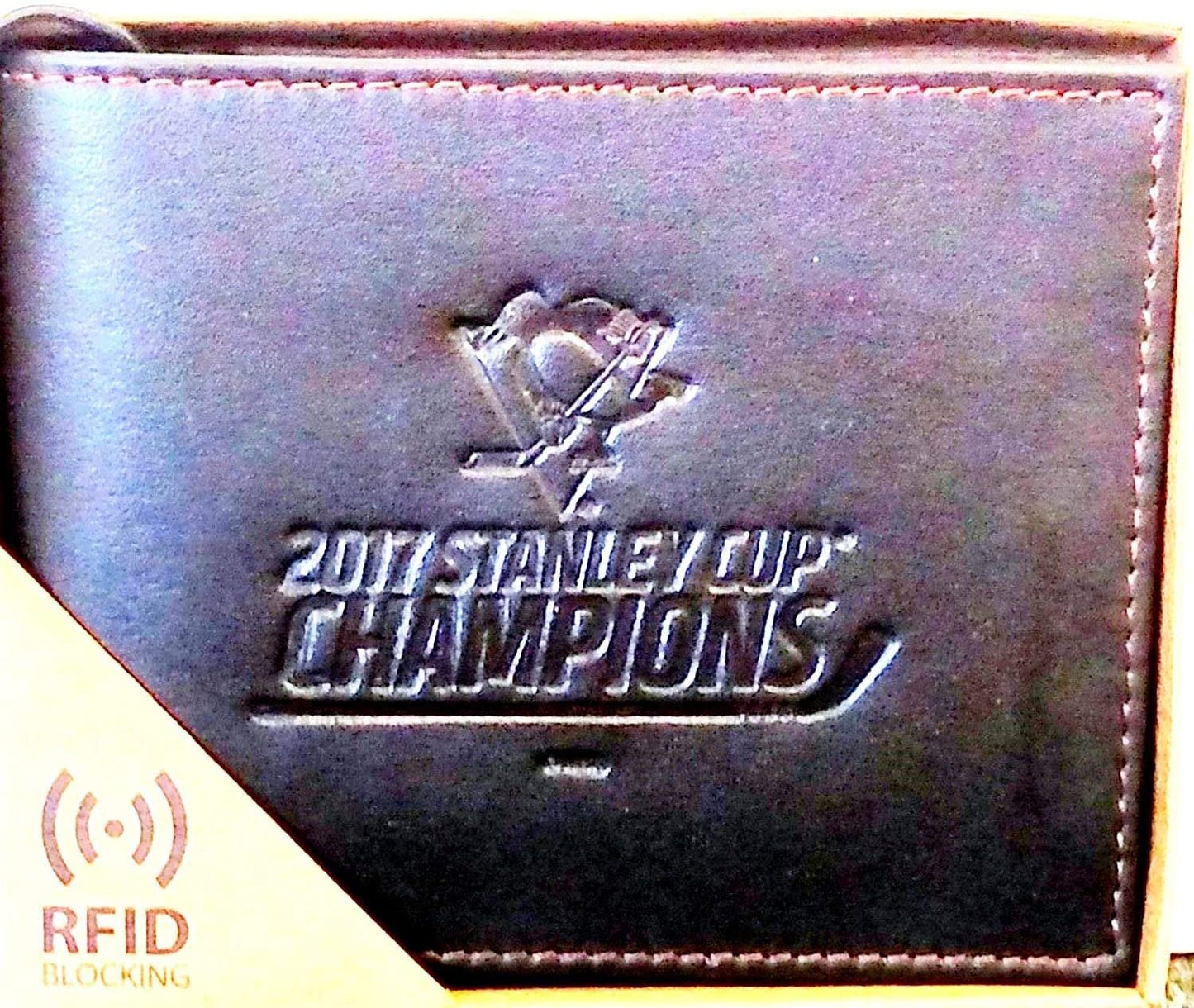 Pittsburgh Penguins 2017 Champions RFID Protection Premium Brown Leather Wallet, Bifold Billfold, Embossed Laser Engraved by Fielders Choice