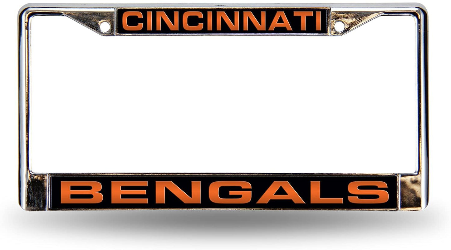 Cincinnati Bengals Chrome Metal License Plate Frame Tag Cover, Laser Acrylic Mirrored Inserts, 12x6 Inch by Fielders Choice