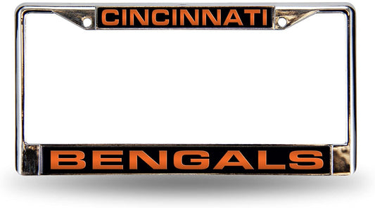 Cincinnati Bengals Chrome Metal License Plate Frame Tag Cover, Laser Acrylic Mirrored Inserts, 12x6 Inch by Fielders Choice