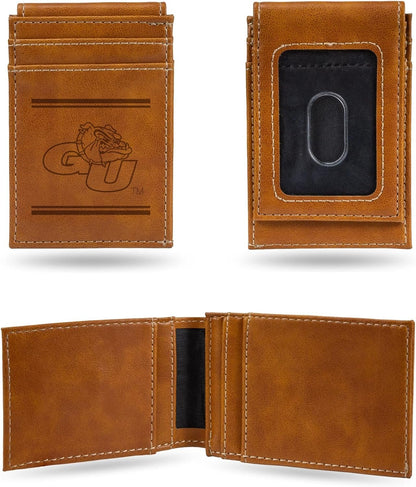 NCAA UGA Gonzaga Bulldogs Men’s Front ID Pocket Brown Wallet- Premium 8 Pocket Laser-Engraved Team Logo on Vegan Leather- Minimalist Design, Credit Card Holder- Ideal for Travel or Men’s Gift by Fielders Choice