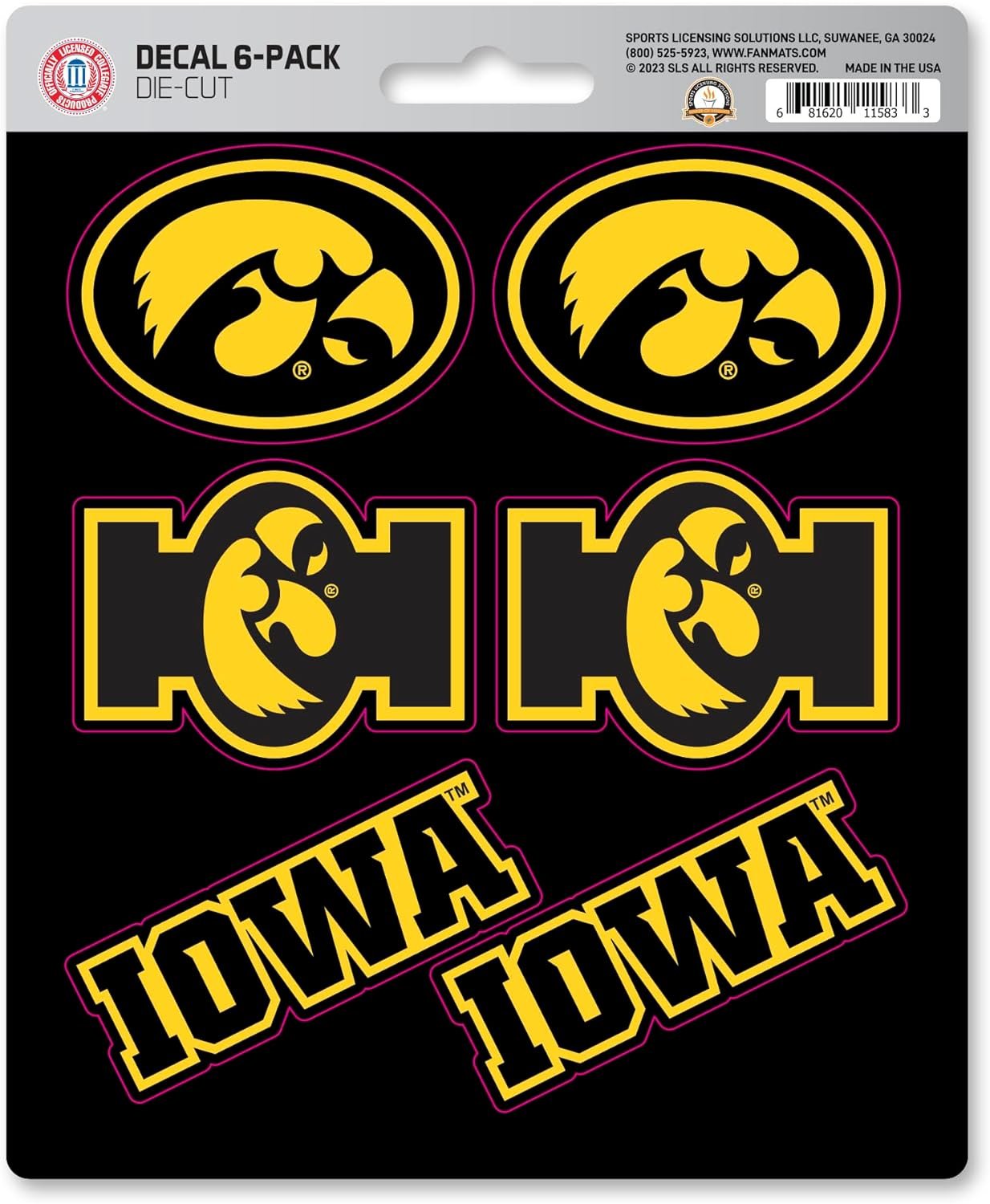 University of Iowa DECAL6-NCAA Decal Stickers 6-Piece Set - Great Gift for Sports Fans - Works On Hard Surfaces - for Homes, Cars, Trucks, SUVs, Personal Items, Laptops, Cell Phones by Fielders Choice