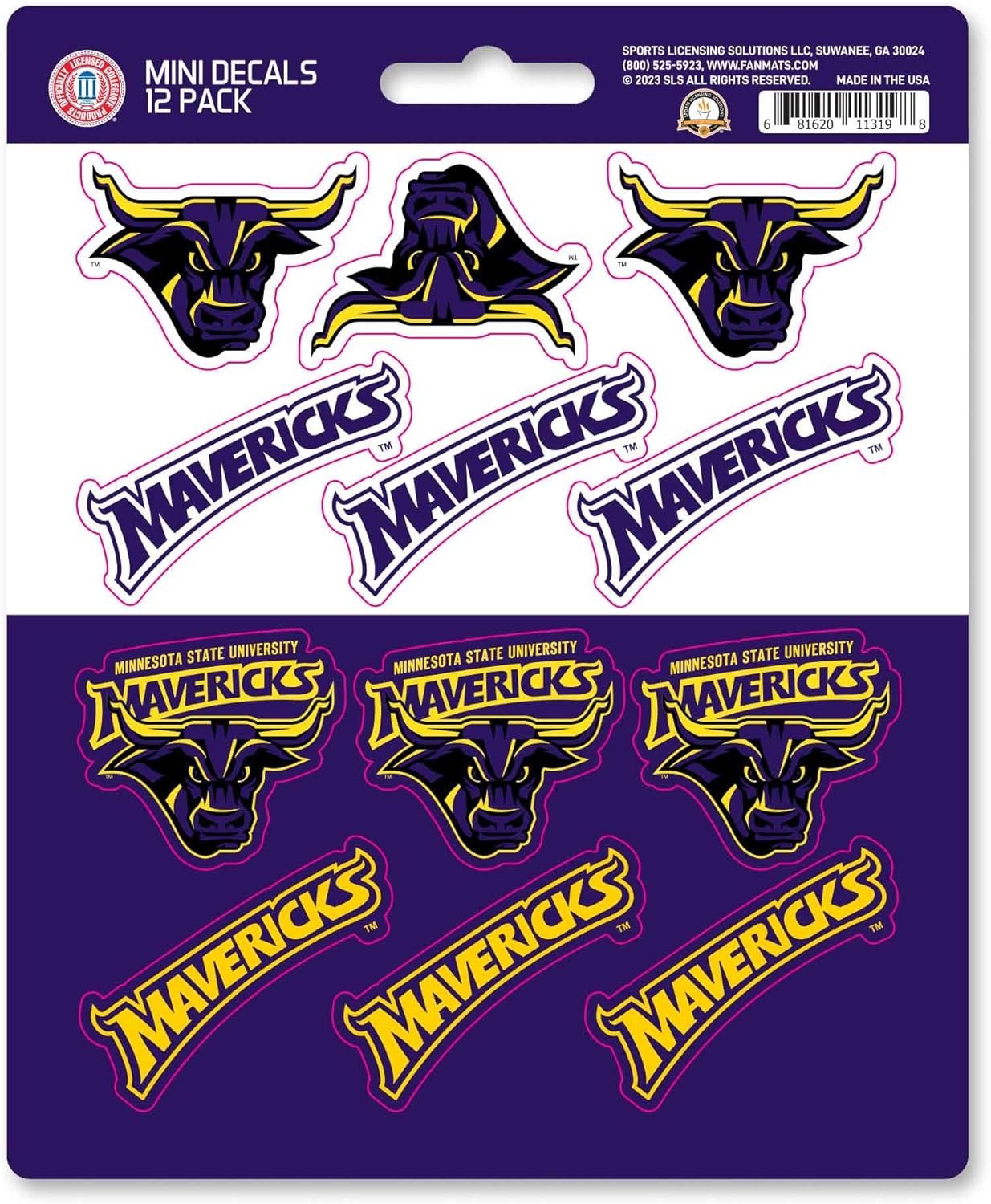 Minnesota State University Mankato Mavericks 12-Piece Mini Decal Sticker Set, 5x6 Inch Sheet, Gift for football fans for any hard surfaces around home, automotive, personal items by Fielders Choice