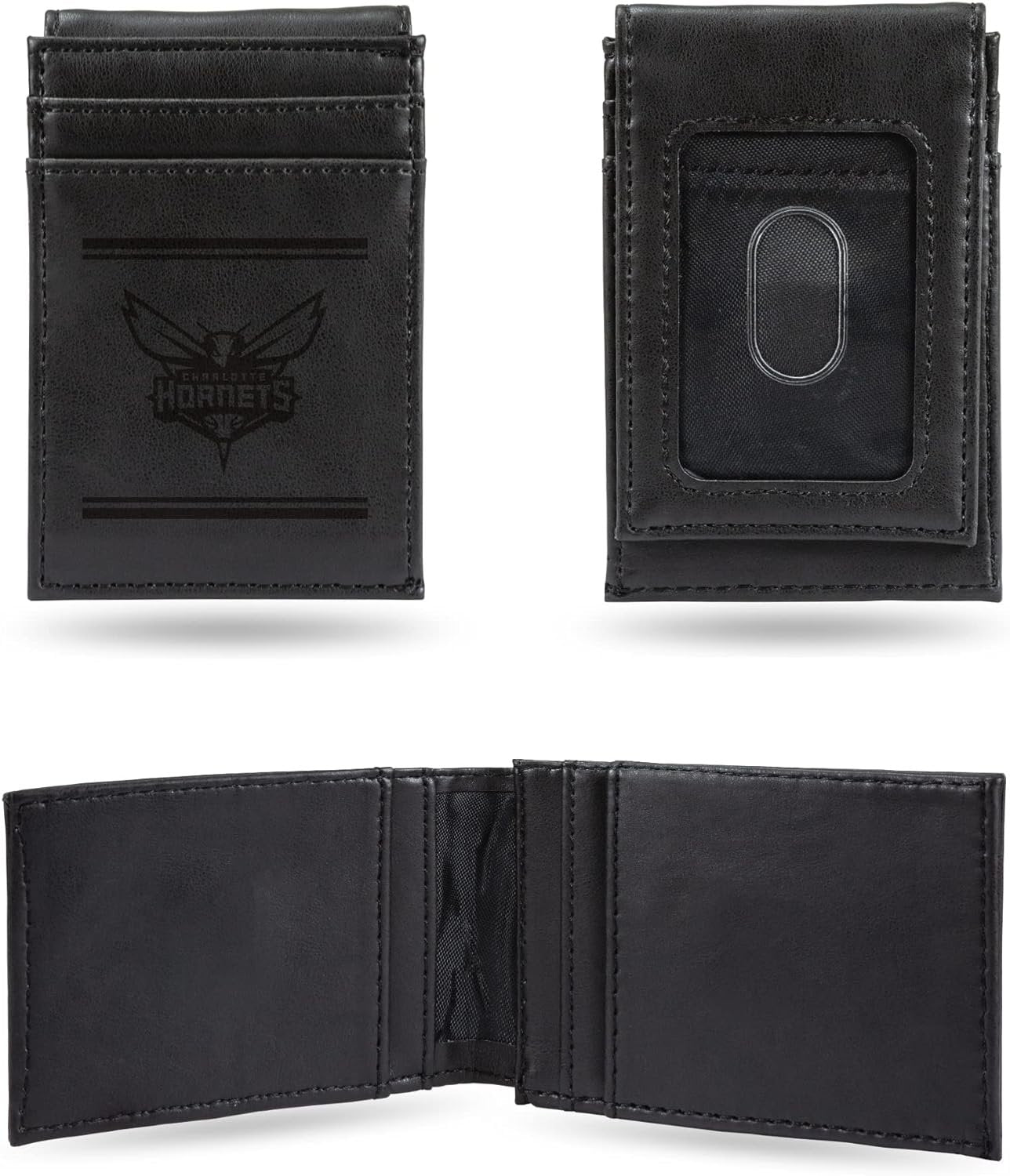 Charlotte Hornets Premium Black Leather Wallet, Front Pocket Magnetic Money Clip, Laser Engraved, Vegan by Fielders Choice