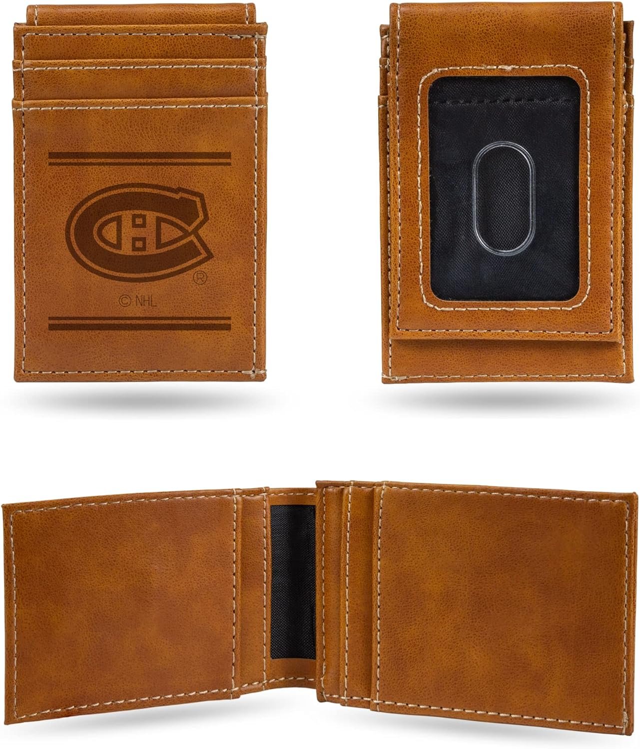 Montreal Canadiens Premium Brown Leather Wallet, Front Pocket Magnetic Money Clip, Laser Engraved, Vegan by Fielders Choice